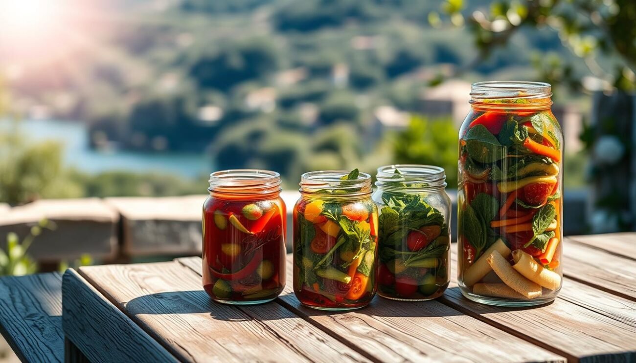 Elegant glass jars filled with vibrant, marinated vegetables sit atop a rustic wooden table. Shafts of soft, natural light illuminate the colors and textures, casting shadows that add depth and dimension. In the background, a dreamy, blurred Mediterranean landscape provides a serene, sun-dappled backdrop. The overall mood is one of creativity, innovation, and a celebration of the art of marinating and preserving fresh produce. The scene captures the essence of the "Marinate Creative e Innovative" section, inspiring the viewer to explore new culinary possibilities. Elegant glass jars filled with vibrant, marinated vegetables sit atop a rustic wooden table. Shafts of soft, natural light illuminate the colors and textures, casting shadows that add depth and dimension. In the background, a dreamy, blurred Mediterranean landscape provides a serene, sun-dappled backdrop. The overall mood is one of creativity, innovation, and a celebration of the art of marinating and preserving fresh produce. The scene captures the essence of the "Marinate Creative e Innovative" section, inspiring the viewer to explore new culinary possibilities.