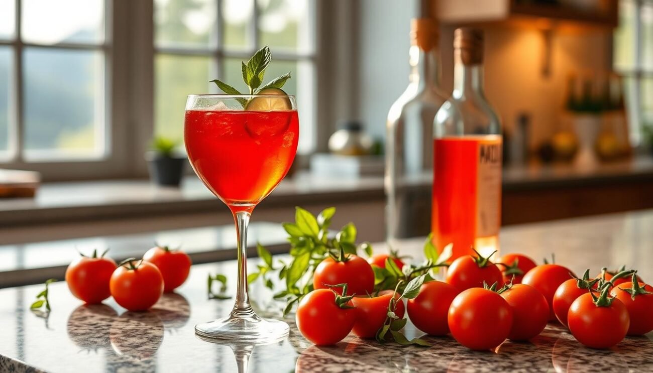 Elegant stemware filled with vibrant crimson liquid, garnished with a slice of lime and a sprig of fresh basil. The Puglia Assolata cocktail, a harmonious blend of rosolio and tomato water, sits on a granite countertop, surrounded by a neatly arranged assortment of cocktail ingredients: juicy red tomatoes, aromatic herbs, and a bottle of clear spirit. Soft, diffused lighting from large windows casts a warm glow, evoking the sun-drenched landscapes of Southern Italy. Smooth, seamless camera angles capture the preparation process, showcasing the artful assembly of this refreshing, aperitif-style drink.