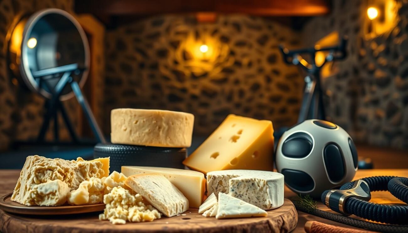 Formaggio e Sport: A Controversial Relationship. A vibrant composition showcasing the interplay between rich, artisanal cheese and the dynamic pursuit of athletic excellence. In the foreground, a platter of various Italian cheeses - Gorgonzola, Parmigiano-Reggiano, and Pecorino Romano - positioned alongside a set of sleek, modern sports equipment, hinting at the potential synergy between these seemingly disparate elements. The middle ground features a dimly lit, rustic Italian setting, with stone walls and wooden beams, evoking a sense of tradition and heritage. The background is illuminated by warm, golden lighting, casting a soft, inviting glow over the scene and suggesting the potential benefits of this curious culinary-athletic alliance. The overall atmosphere is one of contemplation, drawing the viewer into the complex relationship between the indulgence of cheese and the discipline of sport. Formaggio e Sport: A Controversial Relationship. A vibrant composition showcasing the interplay between rich, artisanal cheese and the dynamic pursuit of athletic excellence. In the foreground, a platter of various Italian cheeses - Gorgonzola, Parmigiano-Reggiano, and Pecorino Romano - positioned alongside a set of sleek, modern sports equipment, hinting at the potential synergy between these seemingly disparate elements. The middle ground features a dimly lit, rustic Italian setting, with stone walls and wooden beams, evoking a sense of tradition and heritage. The background is illuminated by warm, golden lighting, casting a soft, inviting glow over the scene and suggesting the potential benefits of this curious culinary-athletic alliance. The overall atmosphere is one of contemplation, drawing the viewer into the complex relationship between the indulgence of cheese and the discipline of sport.