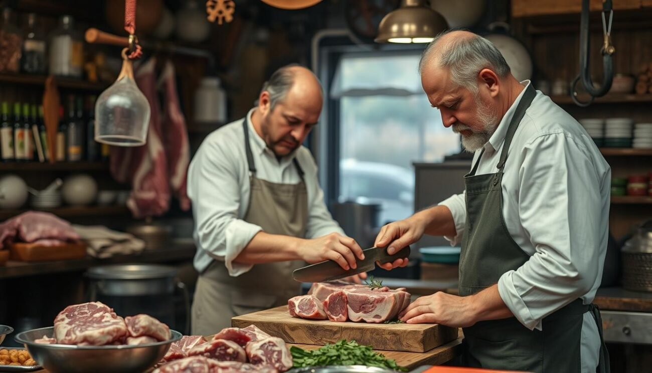 Genera un'immagine che rappresenti un macellaio tradizionale mentre taglia la carne bovina Genera un'immagine che rappresenti un macellaio tradizionale mentre taglia la carne bovina