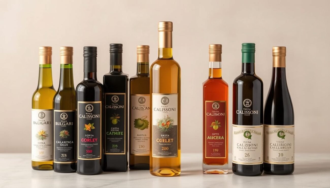 Genera un'immagine degli oli aromatizzati della Tenuta Calissoni Bulgari