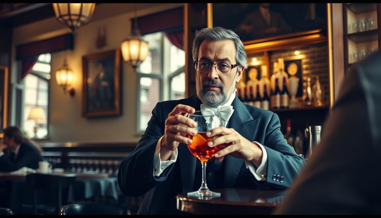 Genera un'immagine del Conte Camillo Negroni mentre ordina il suo famoso cocktail al Caffè Casoni di Firenze.