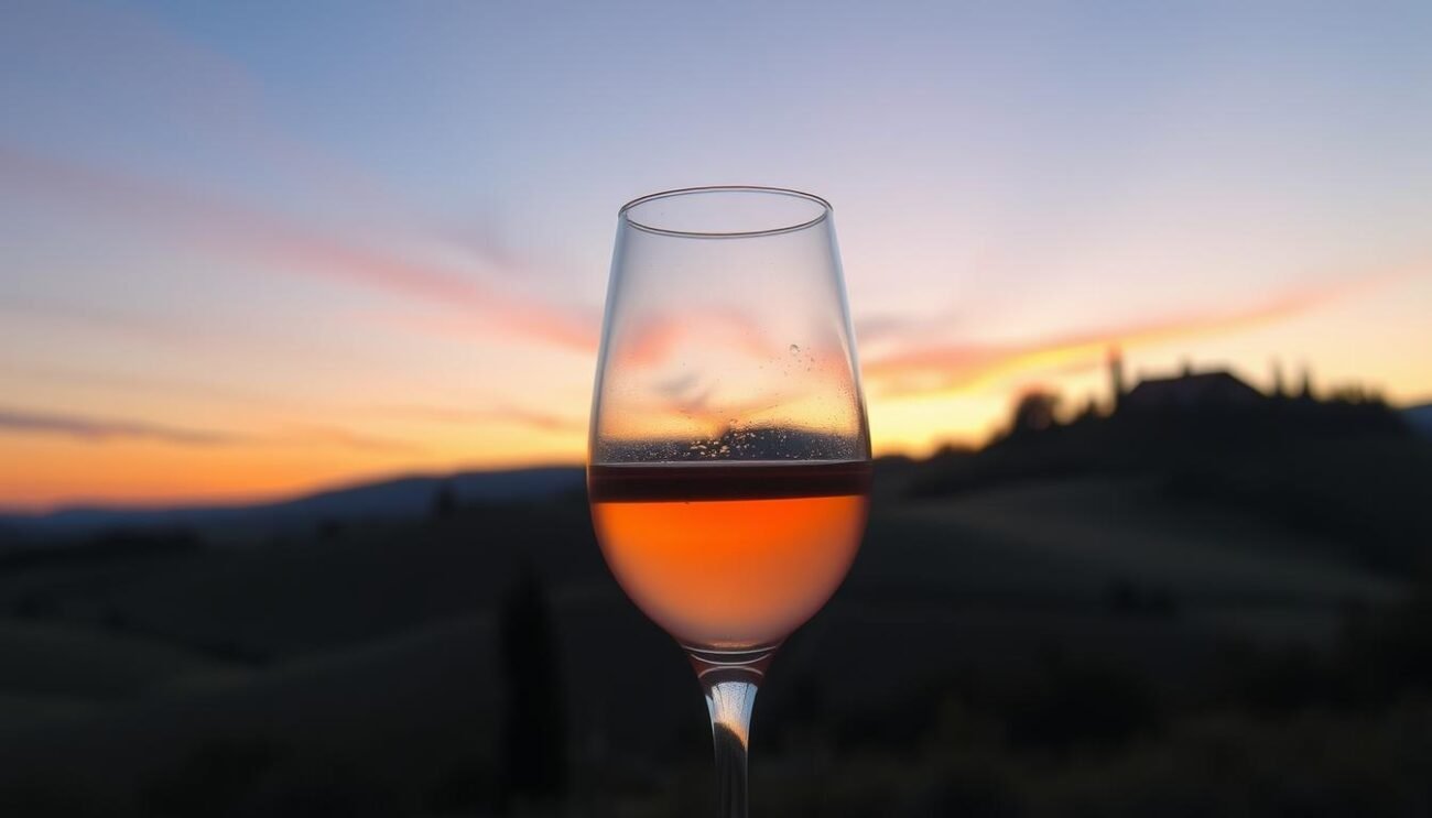 Genera un'immagine del Toscana Crepuscolare in un bicchiere, con sfondo di colline toscane al tramonto
