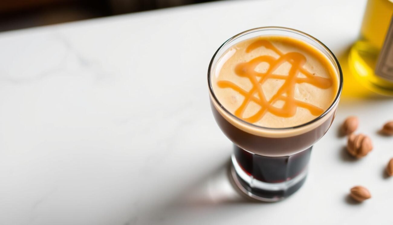 Genera un'immagine del Vermouth Torino Cortado servito in un bicchiere elegante con una spruzzata di crema di nocciola sopra.