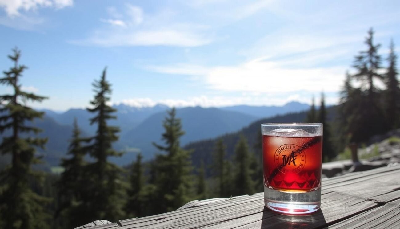 Genera un'immagine del cocktail Dolomiti Nebbiose con grappa e infuso di pino cembro