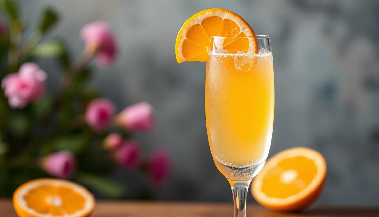 Genera un'immagine del cocktail Mimosa con una fetta d'arancia