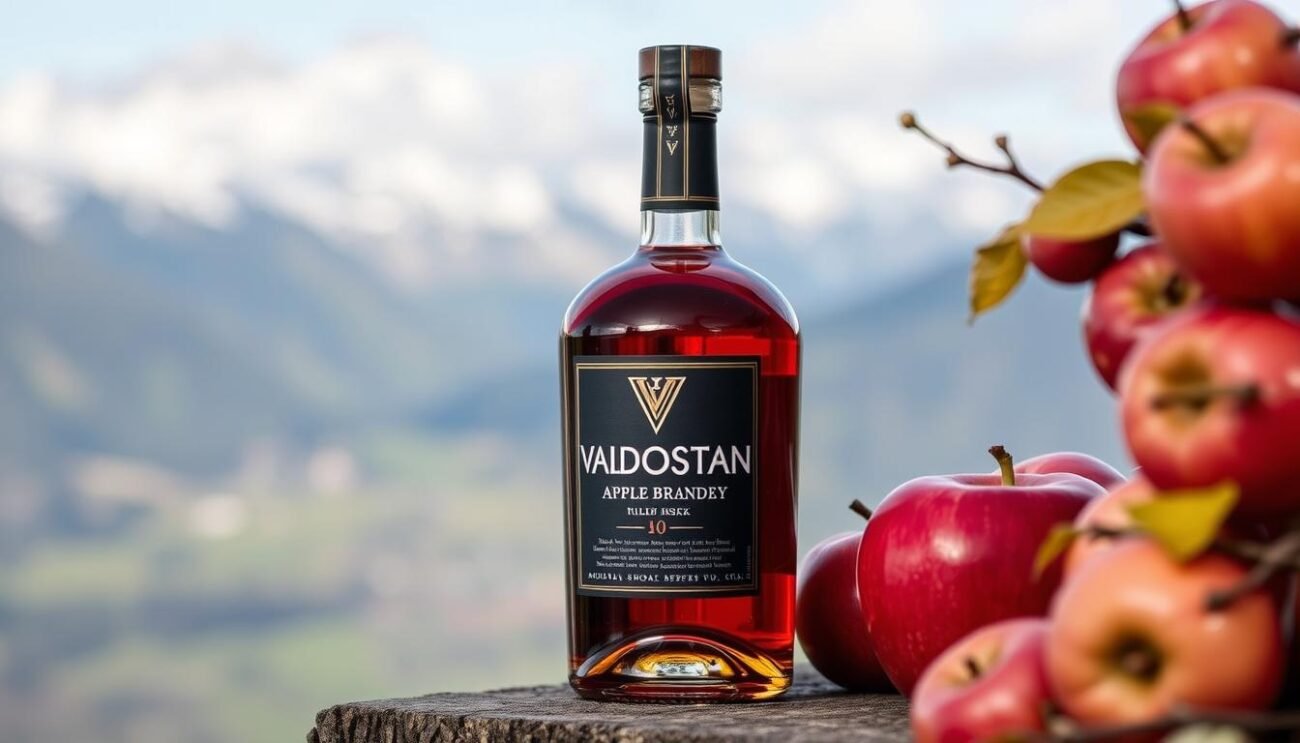 Genera un'immagine del distillato di mele valdostano, prodotto con varietà autoctone coltivate nei frutteti ai piedi del monte Bianco. Genera un'immagine del distillato di mele valdostano, prodotto con varietà autoctone coltivate nei frutteti ai piedi del monte Bianco.