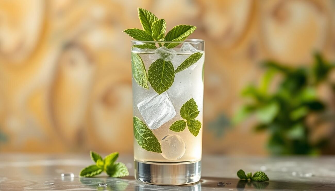 Genera un'immagine dell'Hugo cocktail con Prosecco, sciroppo di fiori di sambuco, acqua frizzante e foglie di menta.