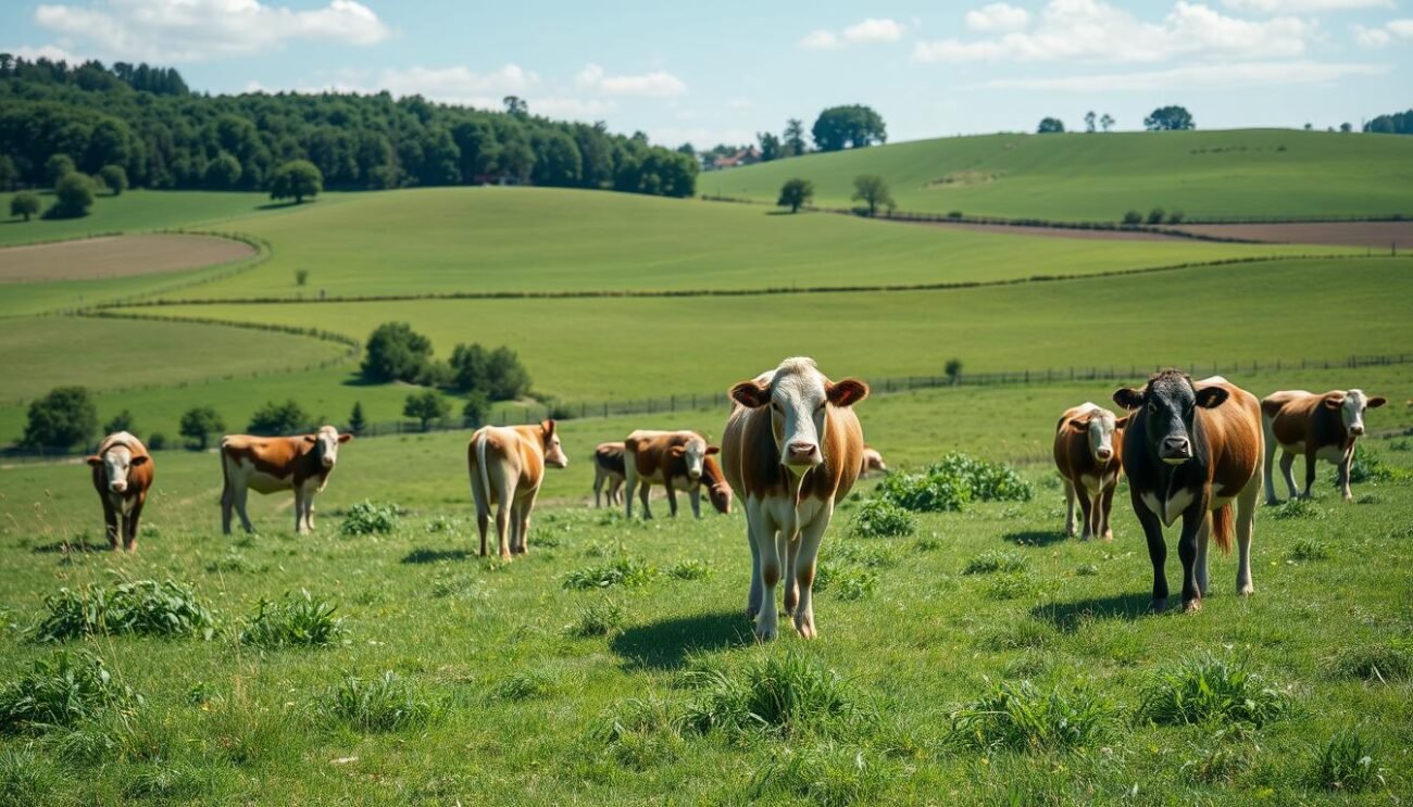 Genera un'immagine di un allevamento biologico di vacche Genera un'immagine di un allevamento biologico di vacche
