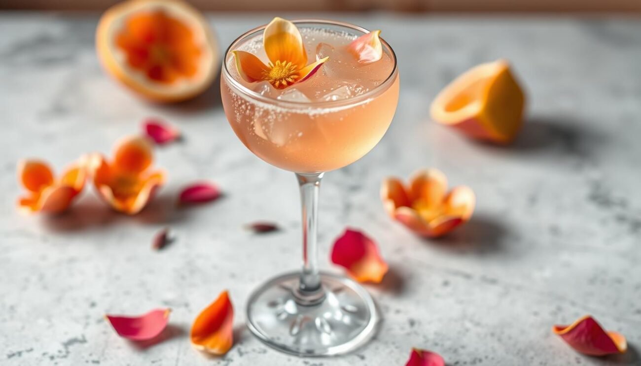 Genera un'immagine di un cocktail al rosolio decorato con petali di fiori d'arancio.