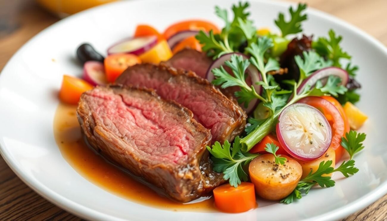 Genera un'immagine di un piatto di carne rossa con verdure