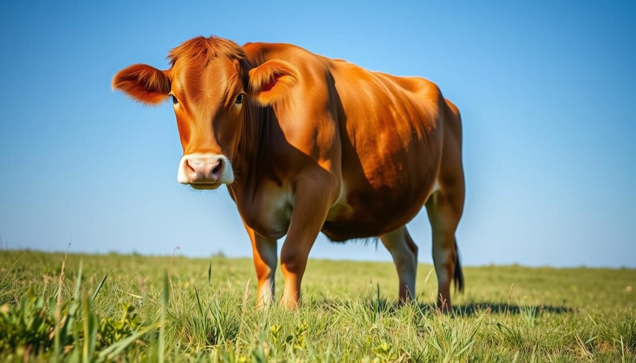 Genera un'immagine di una vacca reggiana rossa al pascolo Genera un'immagine di una vacca reggiana rossa al pascolo