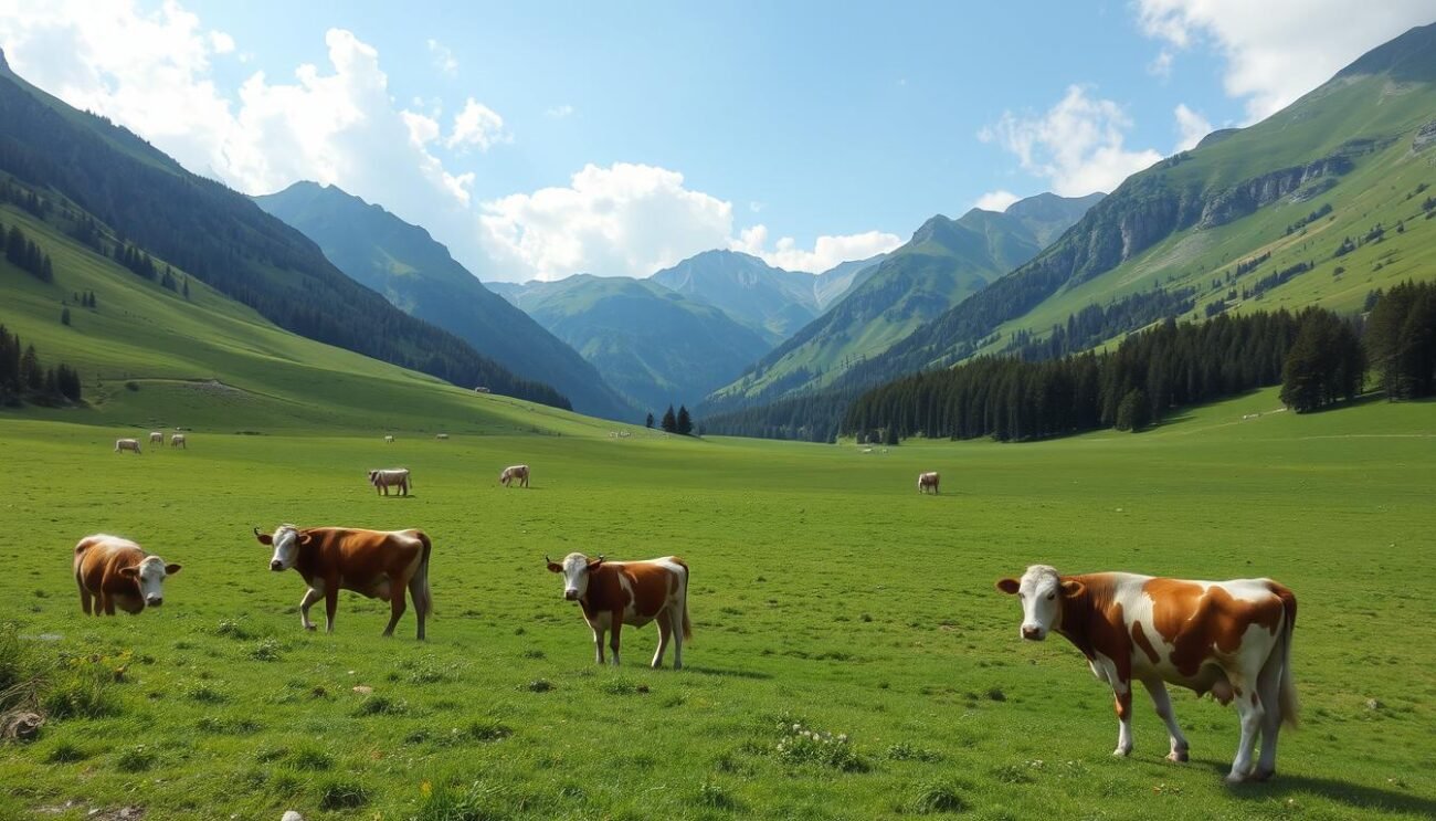 Genera un'immagine di una vallata montana con mucche al pascolo Genera un'immagine di una vallata montana con mucche al pascolo