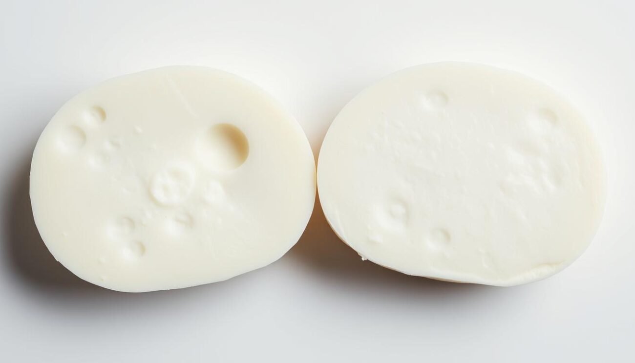 High-quality close-up shot of two halves of a fresh mozzarella cheese, one light-colored fiordilatte and one darker-colored buffalo mozzarella, neatly arranged side-by-side on a simple white background. Soft, even lighting from above illuminates the smooth, creamy textures of the cheese, highlighting the visual differences between the two varieties. The image should convey a sense of simplicity and focus, allowing the viewer to clearly compare the nutritional properties of the two mozzarella types. High-quality close-up shot of two halves of a fresh mozzarella cheese, one light-colored fiordilatte and one darker-colored buffalo mozzarella, neatly arranged side-by-side on a simple white background. Soft, even lighting from above illuminates the smooth, creamy textures of the cheese, highlighting the visual differences between the two varieties. The image should convey a sense of simplicity and focus, allowing the viewer to clearly compare the nutritional properties of the two mozzarella types.