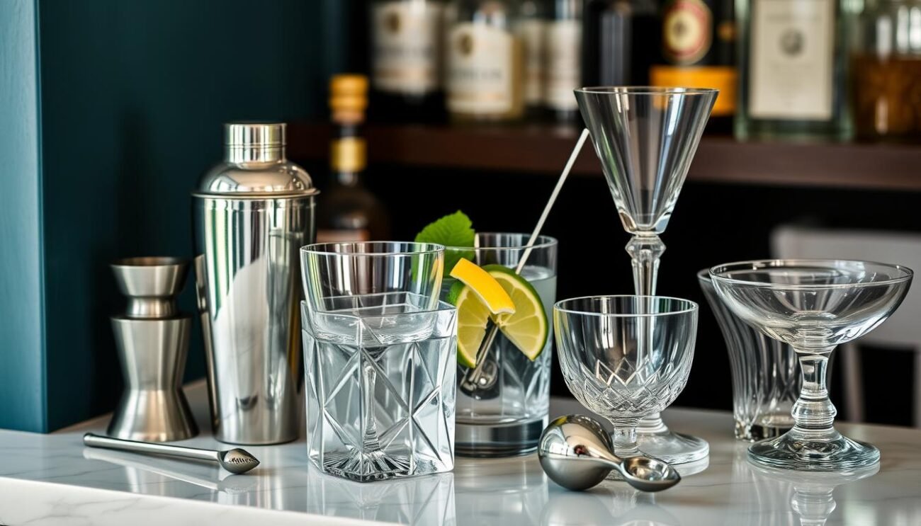 Immagina di creare un angolo bar casalingo con uno shaker di qualità, un jigger, un mixing glass, un bar spoon e bicchieri adatti.