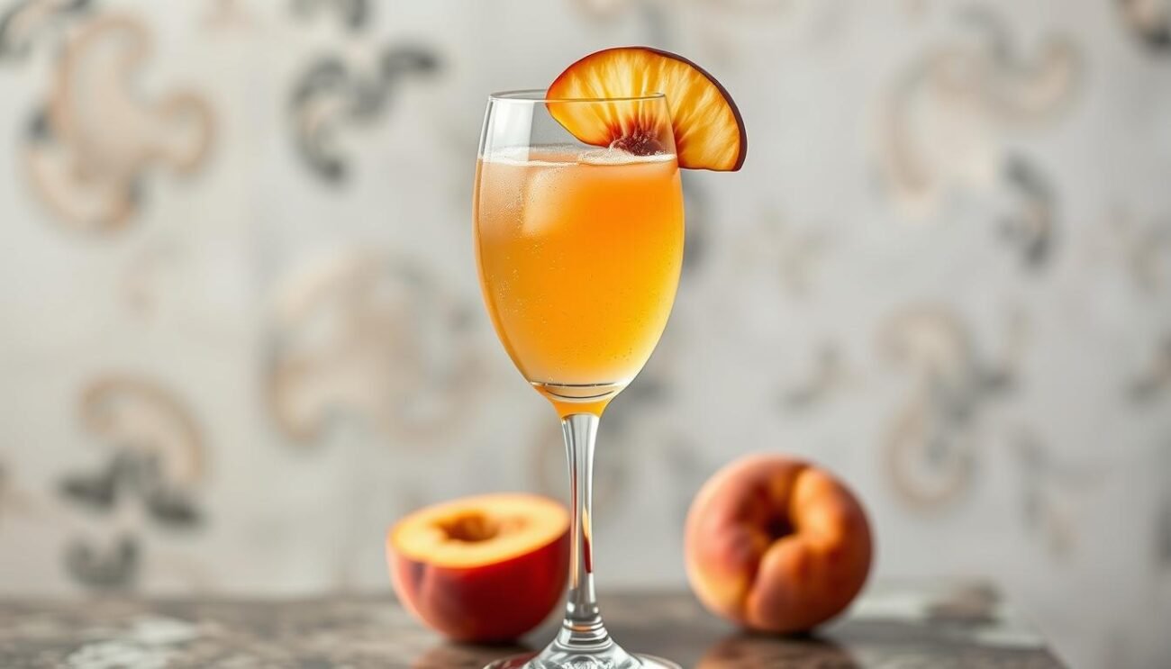 Immagina di creare un'immagine di un Bellini cocktail veneziano con purea di pesca e Prosecco.