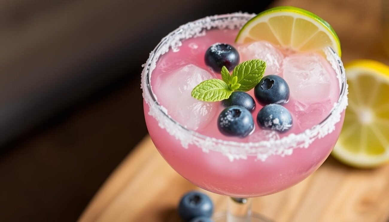 Immagina un Margarita Frozen con mirtilli e un bordo di zucchero, servito in un bicchiere freddo.