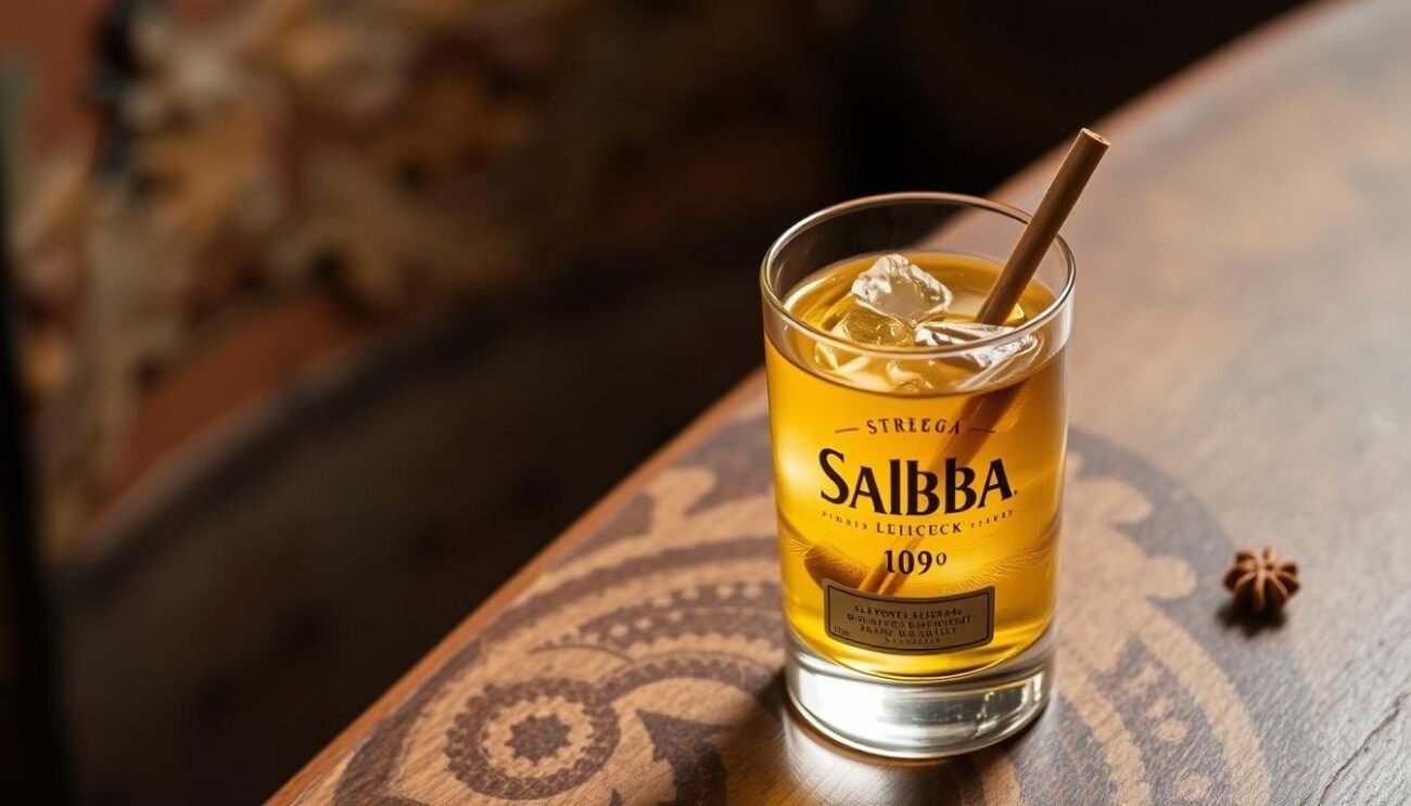 Immagina un bicchiere di Liquore Strega Sabba, con il suo caratteristico colore giallo e le sue spezie bruciate.