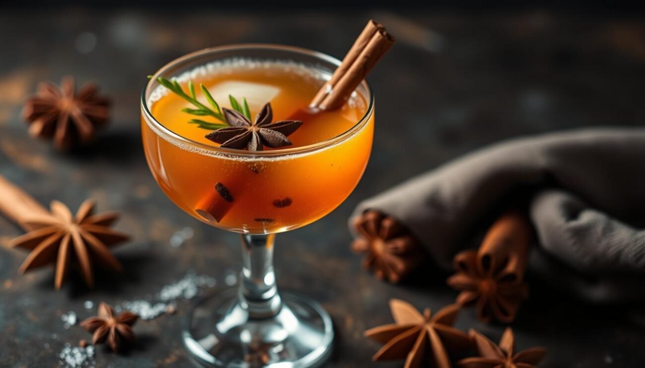 Immagina un bicchiere di cocktail con cannella bruciata e chiodi di garofano