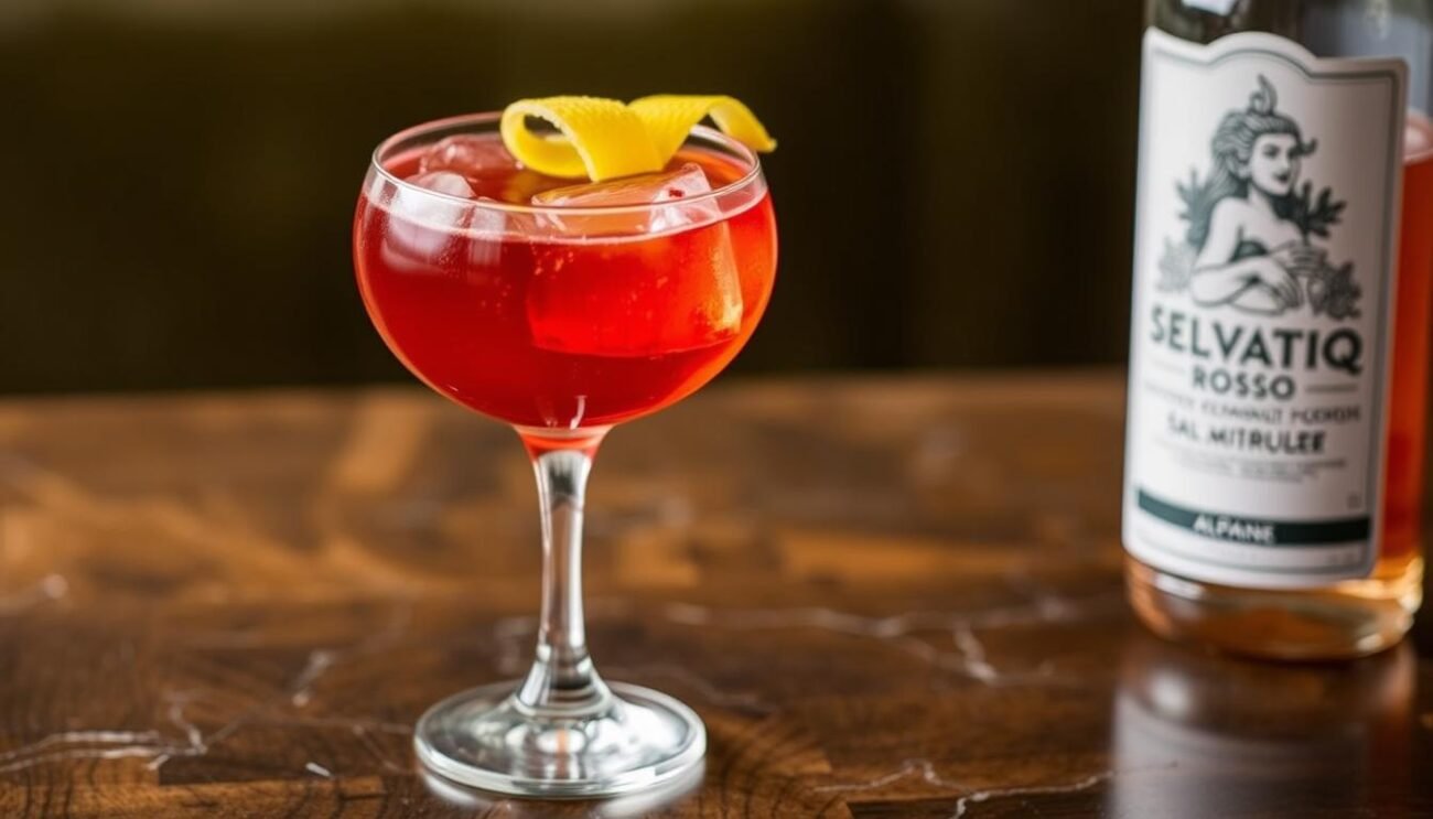 Immagina un bicchiere elegante con Selvatiq Vermouth Rosso, Selvatiq Bitter e Soda Alpine Forest, guarnito con scorza di limone. Immagina un bicchiere elegante con Selvatiq Vermouth Rosso, Selvatiq Bitter e Soda Alpine Forest, guarnito con scorza di limone.