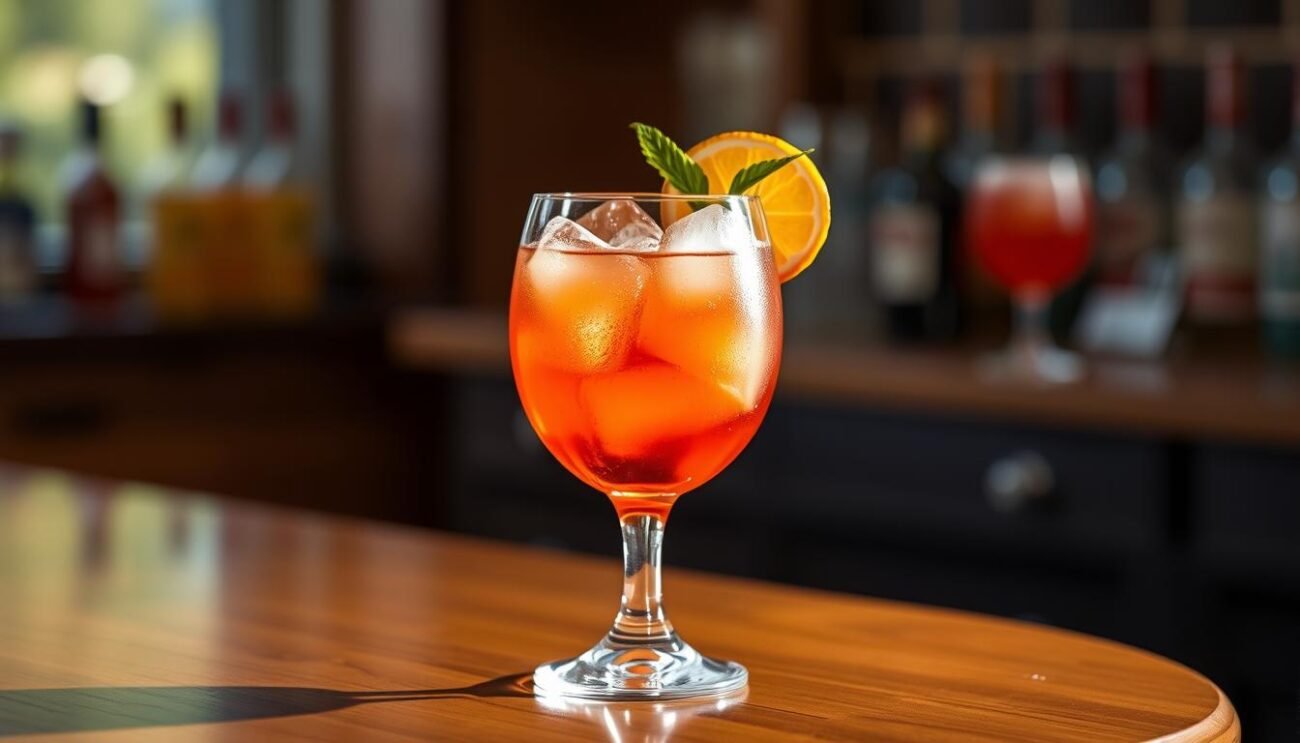 Immagina un bicchiere largo pieno di ghiaccio con Aperol Spritz