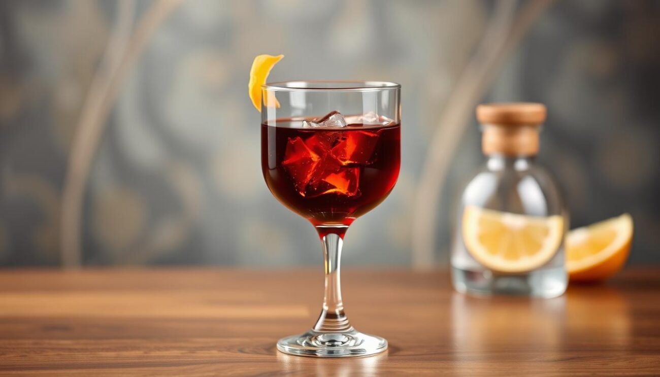 Immagina un cocktail che unisce la tradizione della grappa nebbiolo con un tocco di modernità, servito in un bicchiere elegante.