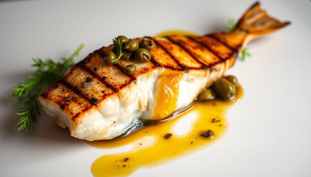 Immagina un piatto di pesce spada grigliato con una salsa di capperi e olive. Immagina un piatto di pesce spada grigliato con una salsa di capperi e olive.