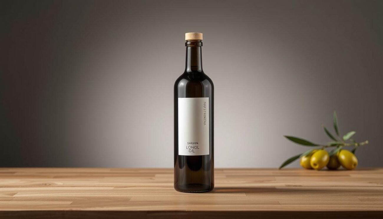 Immagina una bottiglia in vetro scuro da 0,5 lt, progettata per proteggere l'olio extravergine d'oliva sardo dalla luce.