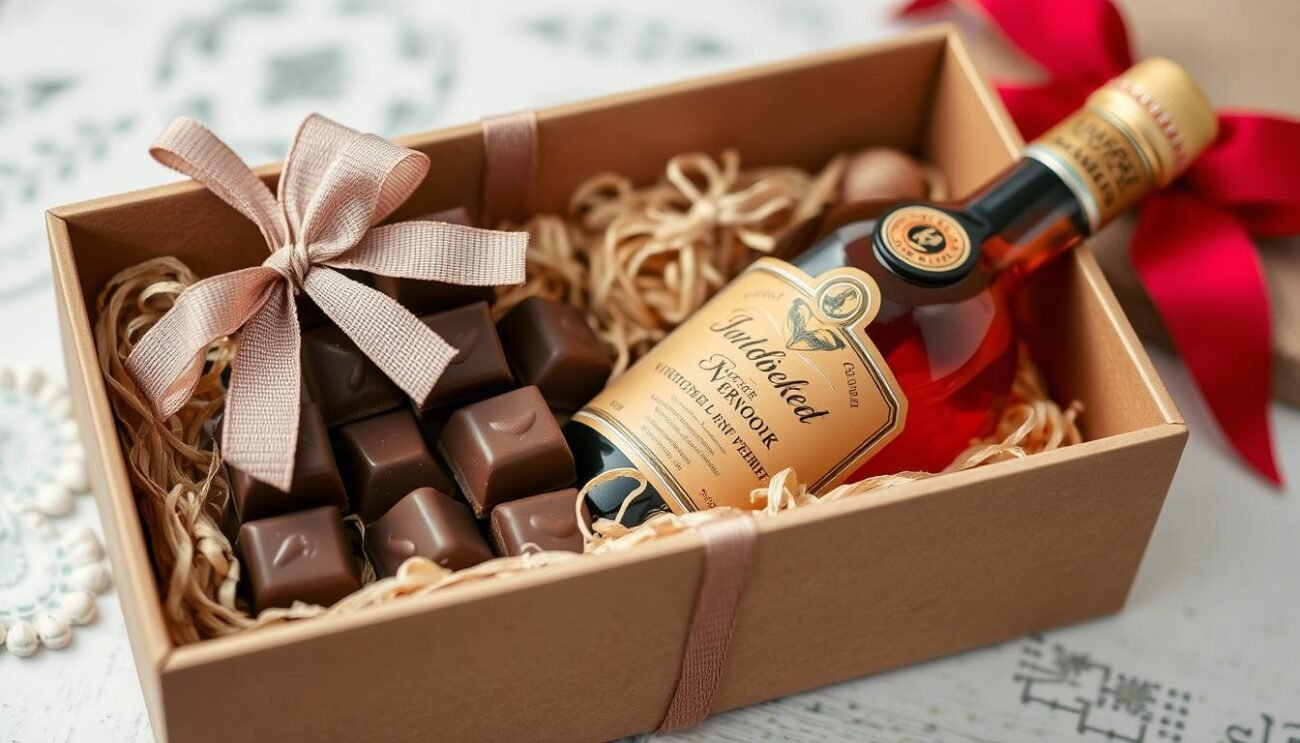 Immagina una confezione regalo contenente cioccolato artigianale e vermouth di alta qualità.