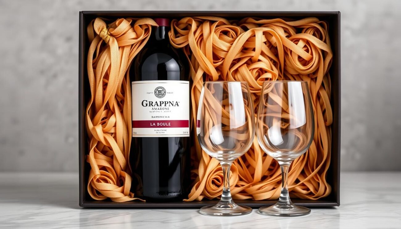 Immagina una confezione regalo elegante con una bottiglia di Grappa Amarone Barricata e due calici La Boule Immagina una confezione regalo elegante con una bottiglia di Grappa Amarone Barricata e due calici La Boule
