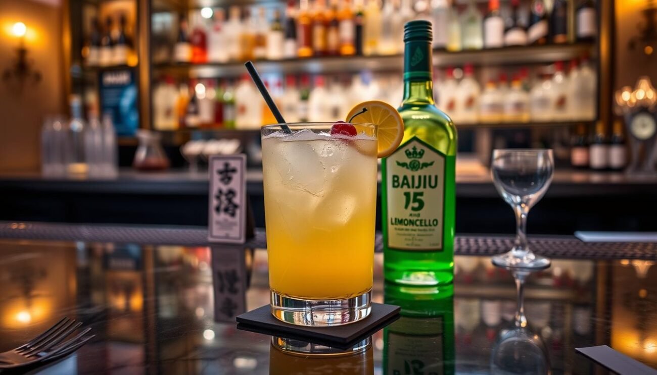 Immagina un'immagine di un bar elegante che serve un cocktail con Baijiu e Limoncello
