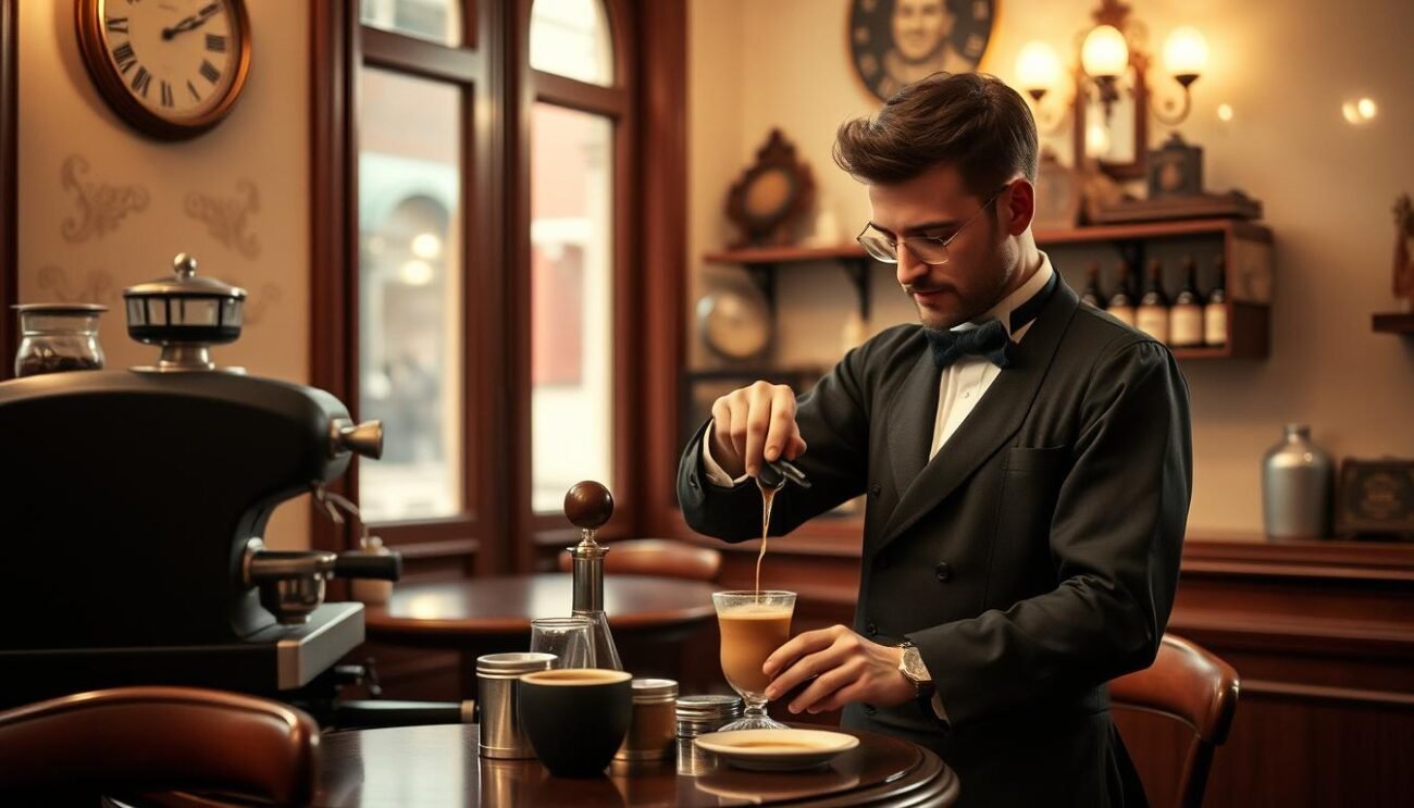 Immagina un'immagine di un barista che prepara un Milano-Torino in un caffè di Milano nel 1860.
