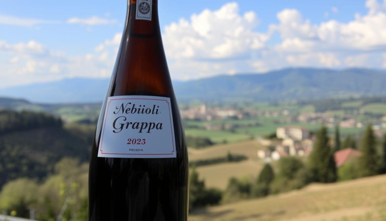 Immagine della Grappa Nebbiolo in bottiglia con sfondo piemontese