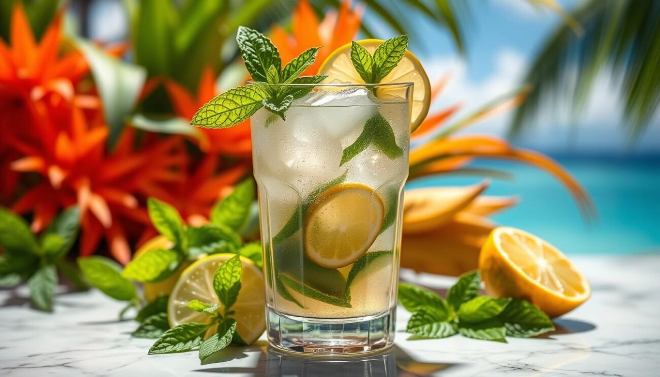 Immagine di un Mojito allo Zenzero con foglie di menta e fette di lime