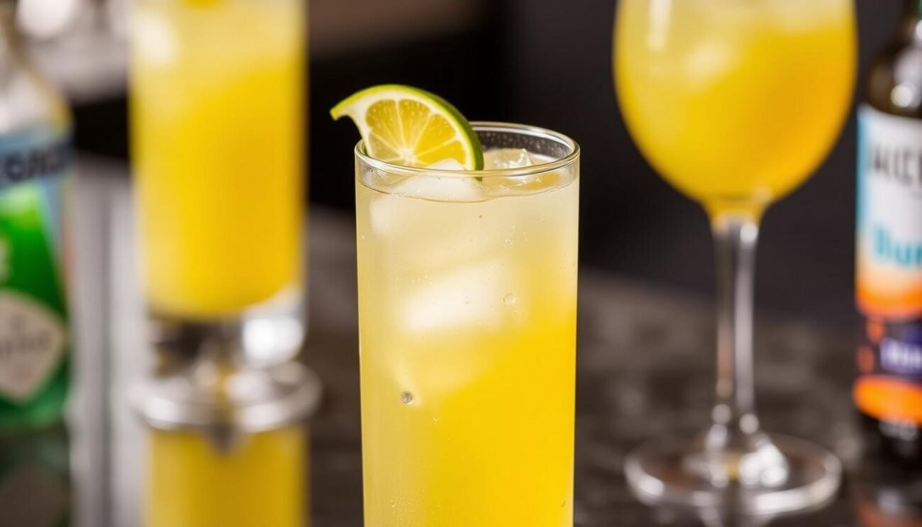 Immagine di un Pisco Sour servito in un bicchiere alto con lime e ghiaccio