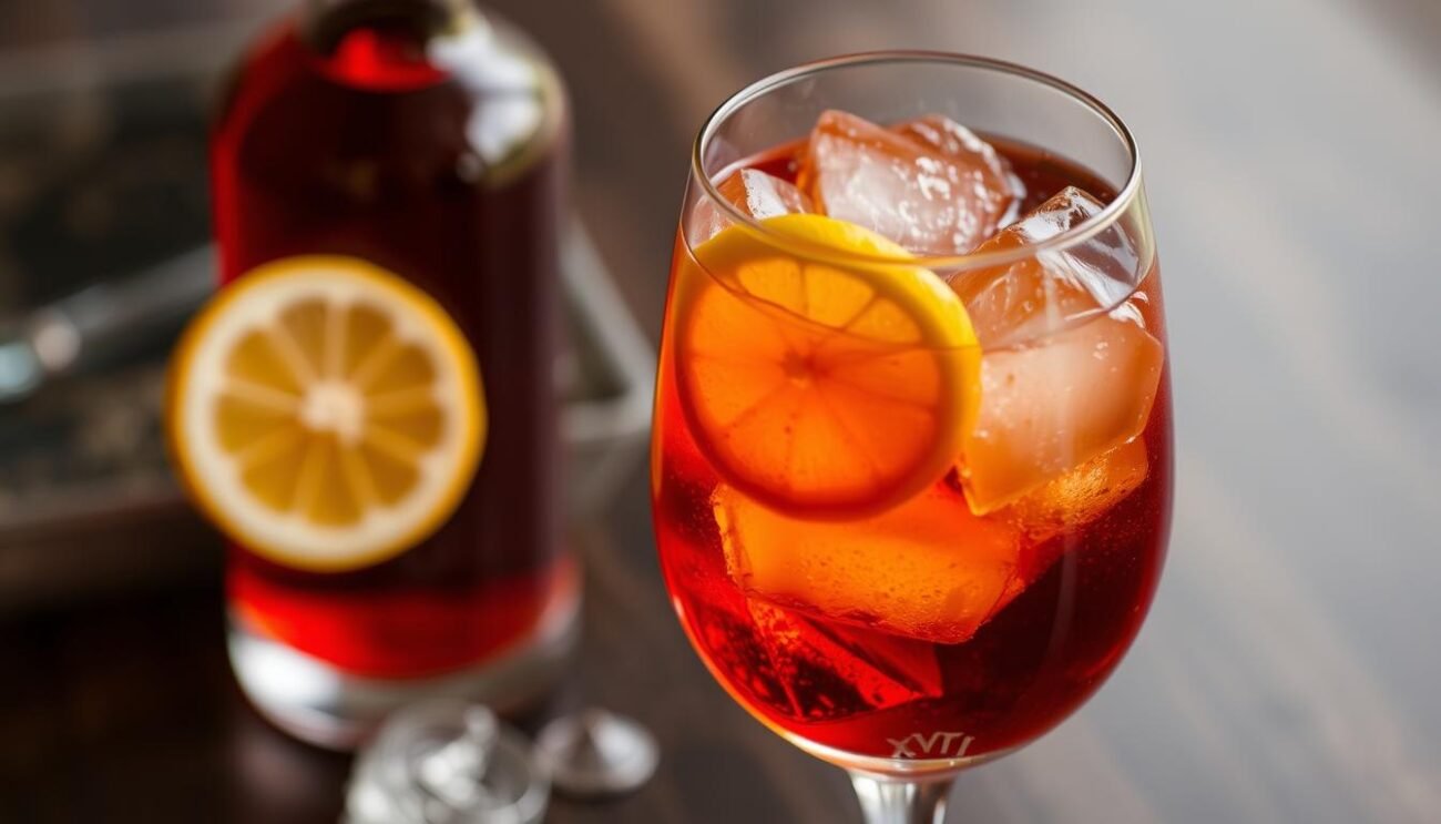 Immagine di un bicchiere di Amaro Antico Romano servito con ghiaccio e fette di limone