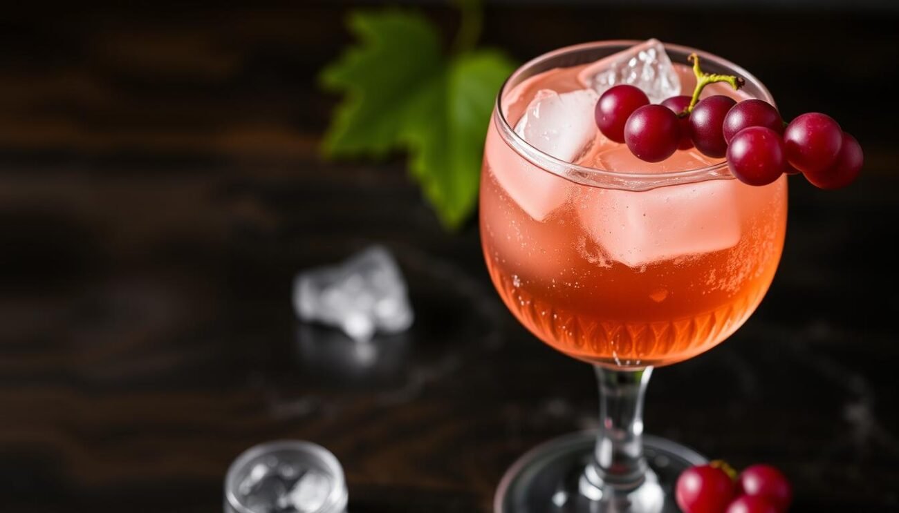 Immagine di un bicchiere di Spritz Ancestrale con ghiaccio, Selvatiq Bitter, vino ancestrale e acqua frizzante, guarnito con acini di uva rossa.