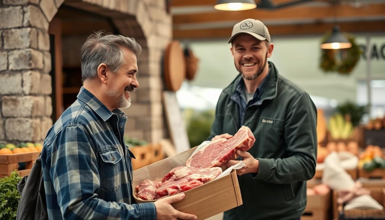 Immagine di un produttore locale che consegna carne biologica direttamente al cliente Immagine di un produttore locale che consegna carne biologica direttamente al cliente