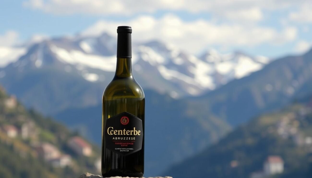 Immagine di una bottiglia di Centerbe Abruzzese su uno sfondo di montagna Immagine di una bottiglia di Centerbe Abruzzese su uno sfondo di montagna