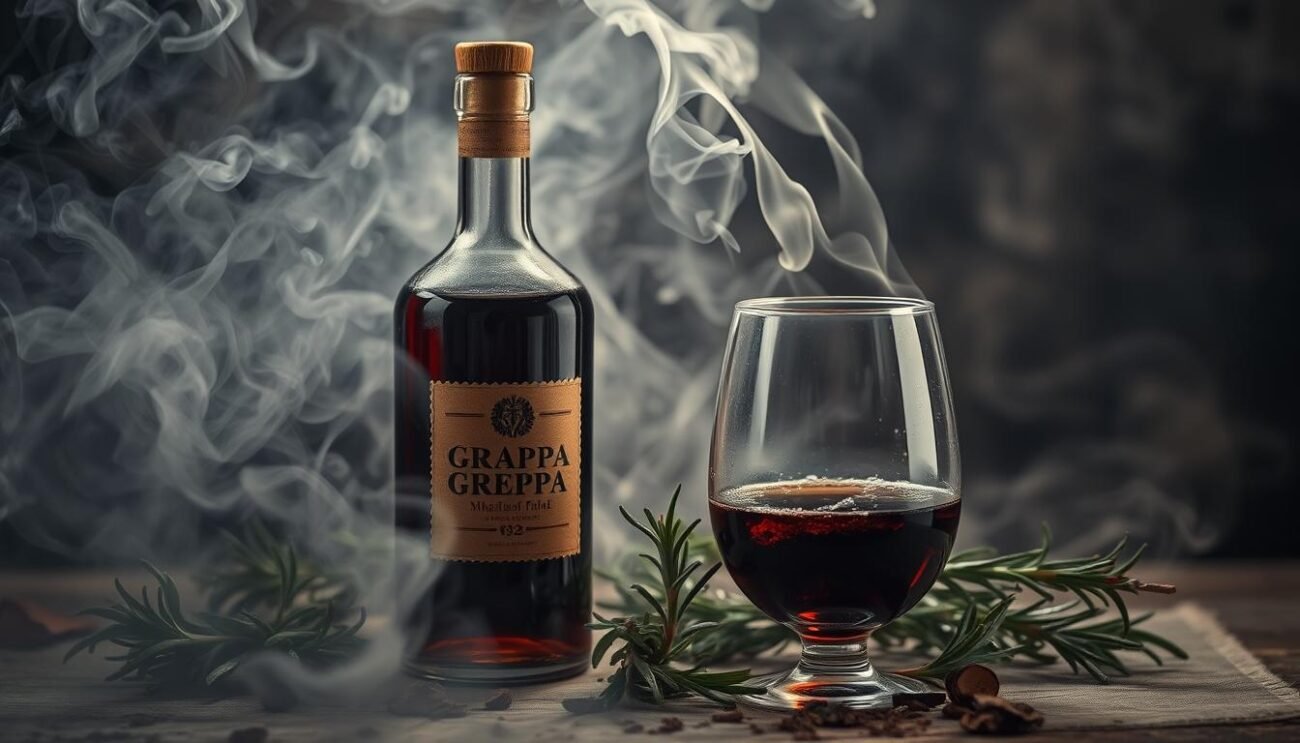 Immagine di una bottiglia di Grappa Fumante con un bicchiere accanto, circondato da foglie di rosmarino bruciate e fumo.
