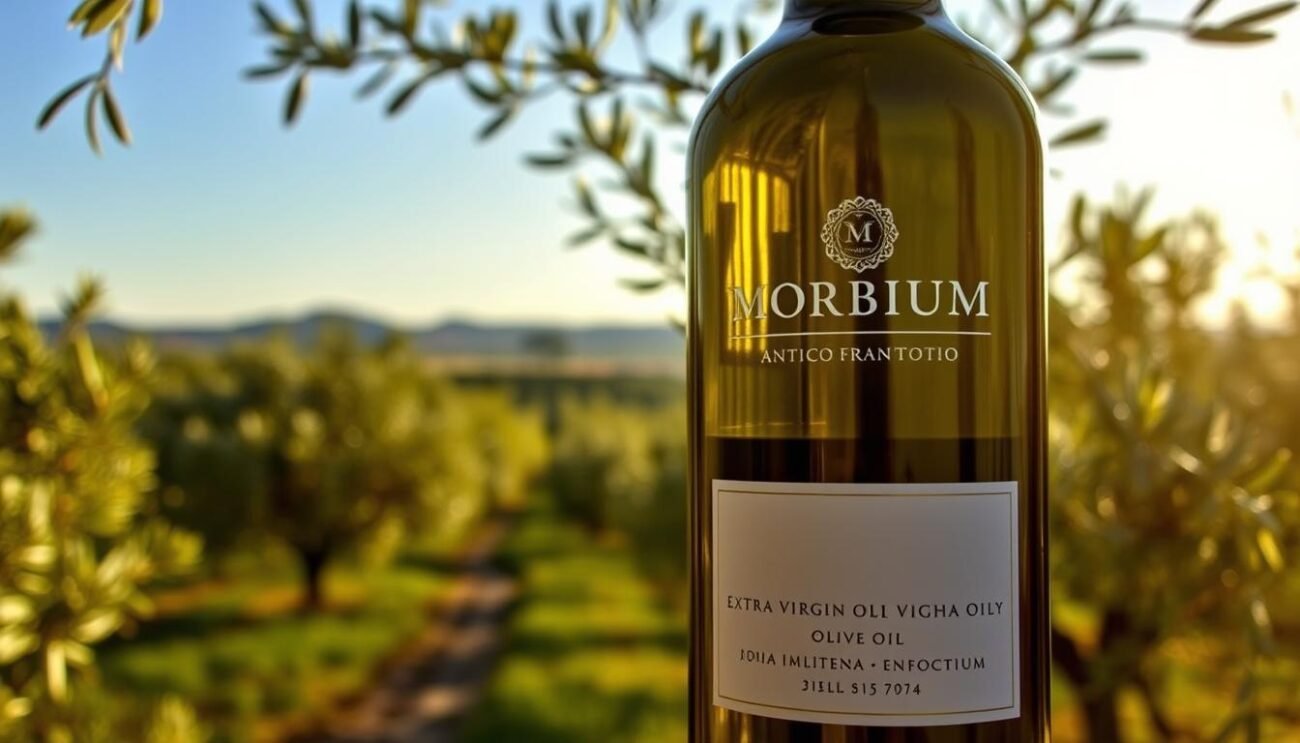Immagine di una bottiglia di Olio Extra Vergine "Morbium" Antico Frantoio con un paesaggio di ulivi