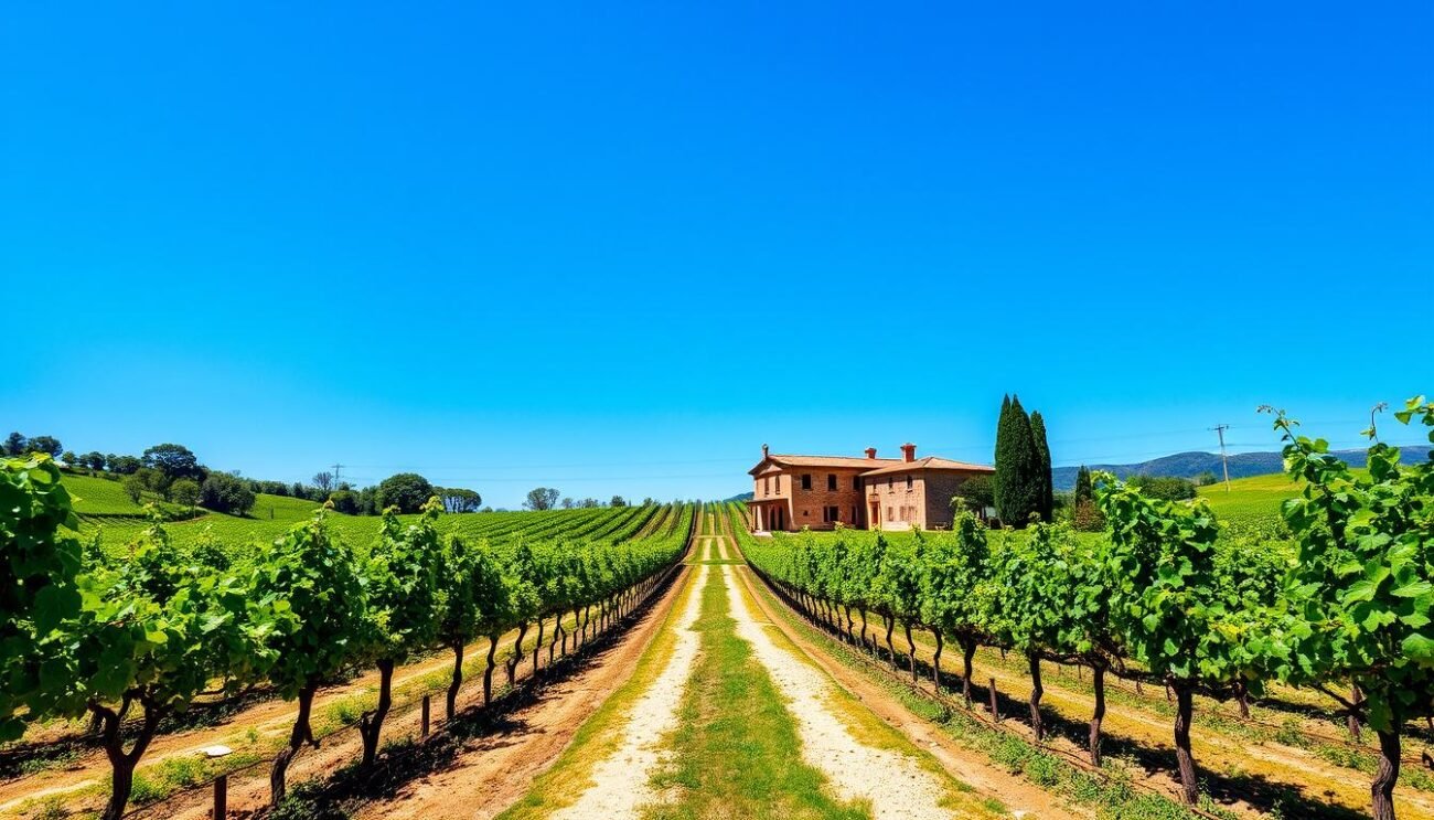 Immagine di una cantina vinicola italiana con vigneti rigogliosi