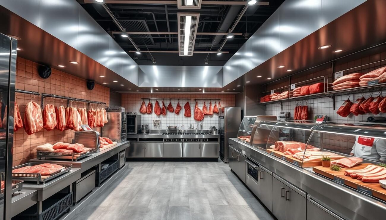 Immagine di una macelleria moderna con tecnologie avanzate per il taglio della carne Immagine di una macelleria moderna con tecnologie avanzate per il taglio della carne
