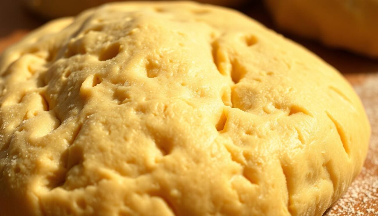 Impasto tigelle: a close-up of freshly kneaded dough for traditional Emilian crescentine breads, with a soft, pliable texture and an earthy golden hue. The dough is captured mid-rise, revealing tiny air pockets forming within. The image is bathed in warm, directional lighting, casting subtle shadows that accentuate the dough's supple, malleable quality. The background is blurred, keeping the focus squarely on the textural details of the impasto as it prepares to be shaped into individual tigelle rounds, ready for baking and serving with cured meats and cheeses. Impasto tigelle: a close-up of freshly kneaded dough for traditional Emilian crescentine breads, with a soft, pliable texture and an earthy golden hue. The dough is captured mid-rise, revealing tiny air pockets forming within. The image is bathed in warm, directional lighting, casting subtle shadows that accentuate the dough's supple, malleable quality. The background is blurred, keeping the focus squarely on the textural details of the impasto as it prepares to be shaped into individual tigelle rounds, ready for baking and serving with cured meats and cheeses.