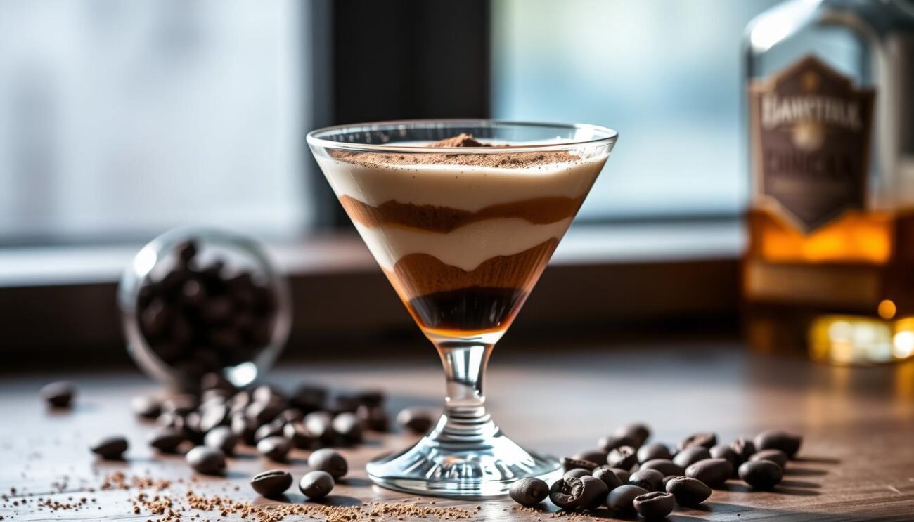 Intricately layered Grappa Tiramisu Martini, a harmonious fusion of rich espresso, indulgent mascarpone, and the bold spirit of Italian grappa. Captured in a crystal-clear martini glass, the velvety smooth drink is illuminated by soft, warm lighting, casting an inviting glow. Subtle details emerge, from the delicate dusting of cocoa powder to the carefully arranged coffee beans, creating a visually captivating and authentically Italian scene. The overall mood is one of sophistication and elegance, perfectly befitting the "Preparazione del Cocktail Passo per Passo" section.