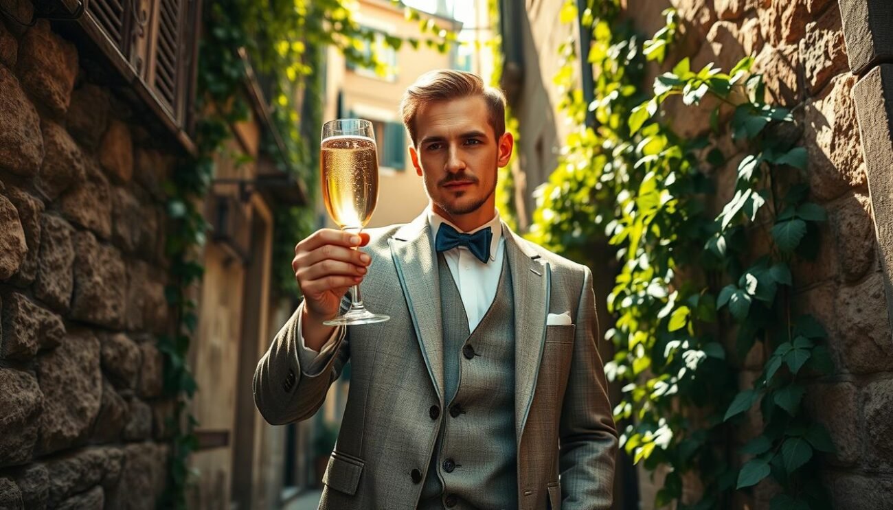 Photographic portrait of "Hugo Spritz", a refined and elegant cocktail featuring Prosecco, Mint, and Pine Liqueur. The subject stands in a rustic Italian alley, surrounded by weathered stone walls and trailing ivy. Warm sunlight filters through the scene, casting soft shadows and highlighting the vibrant green of the mint leaves. Hugo's expression is one of quiet contemplation, as he holds his glass aloft, the golden bubbles of the Prosecco gently dancing. The overall mood is one of timeless tradition, capturing the essence of this classic Alpine aperitif. Photographic portrait of "Hugo Spritz", a refined and elegant cocktail featuring Prosecco, Mint, and Pine Liqueur. The subject stands in a rustic Italian alley, surrounded by weathered stone walls and trailing ivy. Warm sunlight filters through the scene, casting soft shadows and highlighting the vibrant green of the mint leaves. Hugo's expression is one of quiet contemplation, as he holds his glass aloft, the golden bubbles of the Prosecco gently dancing. The overall mood is one of timeless tradition, capturing the essence of this classic Alpine aperitif.