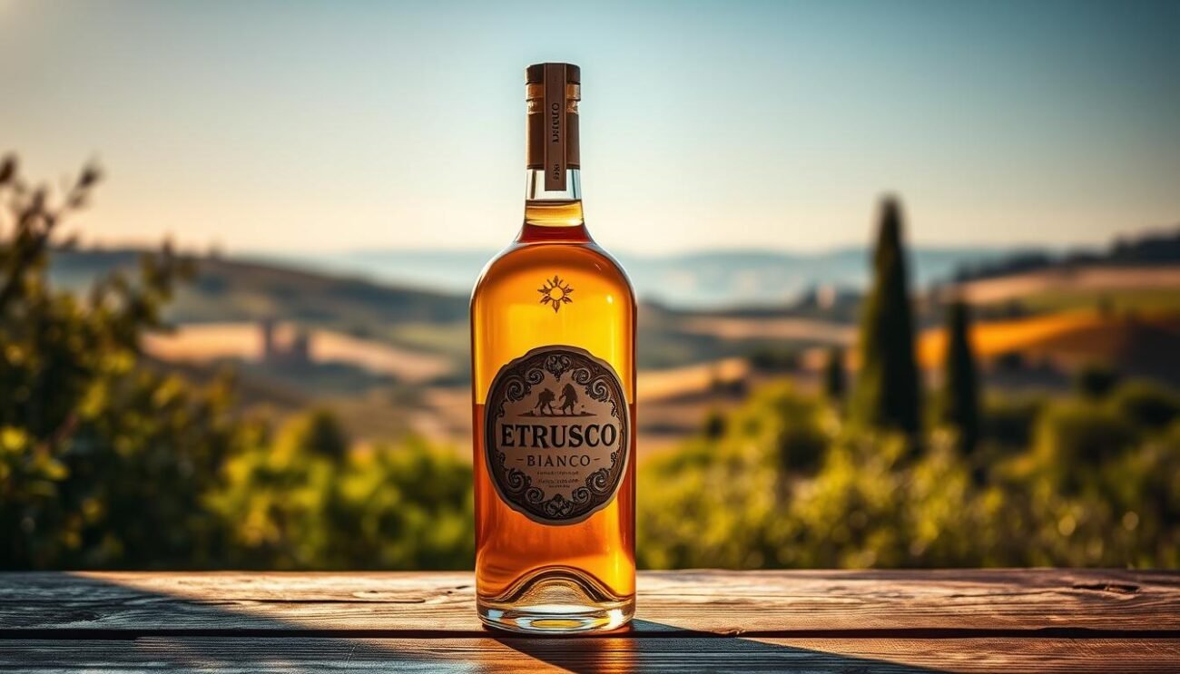 Prominently displayed in the center, a vibrant and translucent glass bottle filled with a golden-hued Vermouth Etrusco Bianco, its elegant label prominently showcased. The bottle is positioned on a wooden surface, gently illuminated by warm, natural lighting, casting soft shadows and highlights that accentuate the bottle's intricate details. In the background, a subtle yet captivating Italian landscape unfolds, with rolling hills, lush greenery, and a clear blue sky, conveying a sense of the Etruscan heritage and terroir that inspired this unique vermouth. The overall composition evokes a refined, sophisticated, and inviting atmosphere, perfectly capturing the essence of the "Profilo Organolettico e Note di Degustazione" section. Prominently displayed in the center, a vibrant and translucent glass bottle filled with a golden-hued Vermouth Etrusco Bianco, its elegant label prominently showcased. The bottle is positioned on a wooden surface, gently illuminated by warm, natural lighting, casting soft shadows and highlights that accentuate the bottle's intricate details. In the background, a subtle yet captivating Italian landscape unfolds, with rolling hills, lush greenery, and a clear blue sky, conveying a sense of the Etruscan heritage and terroir that inspired this unique vermouth. The overall composition evokes a refined, sophisticated, and inviting atmosphere, perfectly capturing the essence of the "Profilo Organolettico e Note di Degustazione" section.