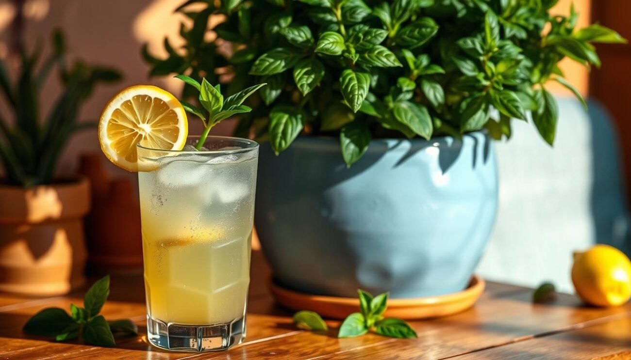 Refreshing summer cocktail with a vibrant lemon and fresh basil garnish, set against a backdrop of warm Mediterranean tones. Perfectly chilled and garnished with a lemon slice, the cocktail glass sits on a wooden table with a lush, verdant potted plant in the foreground. Soft, diffused lighting casts a gentle glow, evoking the relaxed atmosphere of an Italian summer getaway. Hints of terracotta, natural textures, and sun-dappled accents create an inviting, idyllic scene that captures the essence of "Cocktail Estivi" for the Ferragosto celebration.