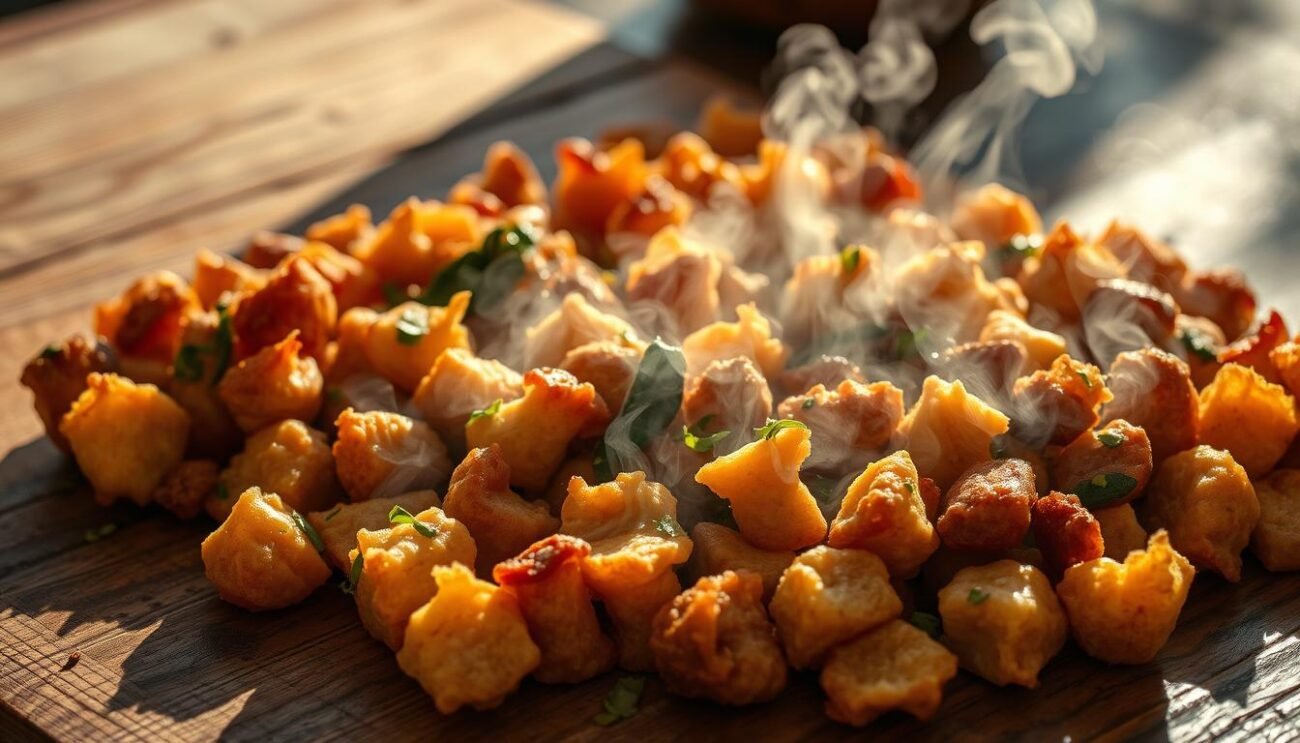 Steaming, golden-fried delicacies laid out on a rustic wooden surface, casting warm, inviting shadows. Crisp, bite-sized morsels of tender meat, crunchy vegetables, and aromatic herbs mingle together, radiating the essence of traditional Piedmontese cuisine. Soft lighting accentuates the dish's alluring textures, while a subtle, earthy backdrop suggests a cozy, homely ambiance. The viewer is drawn in, eager to savor the rich, comforting flavors of this classic Italian speciality.