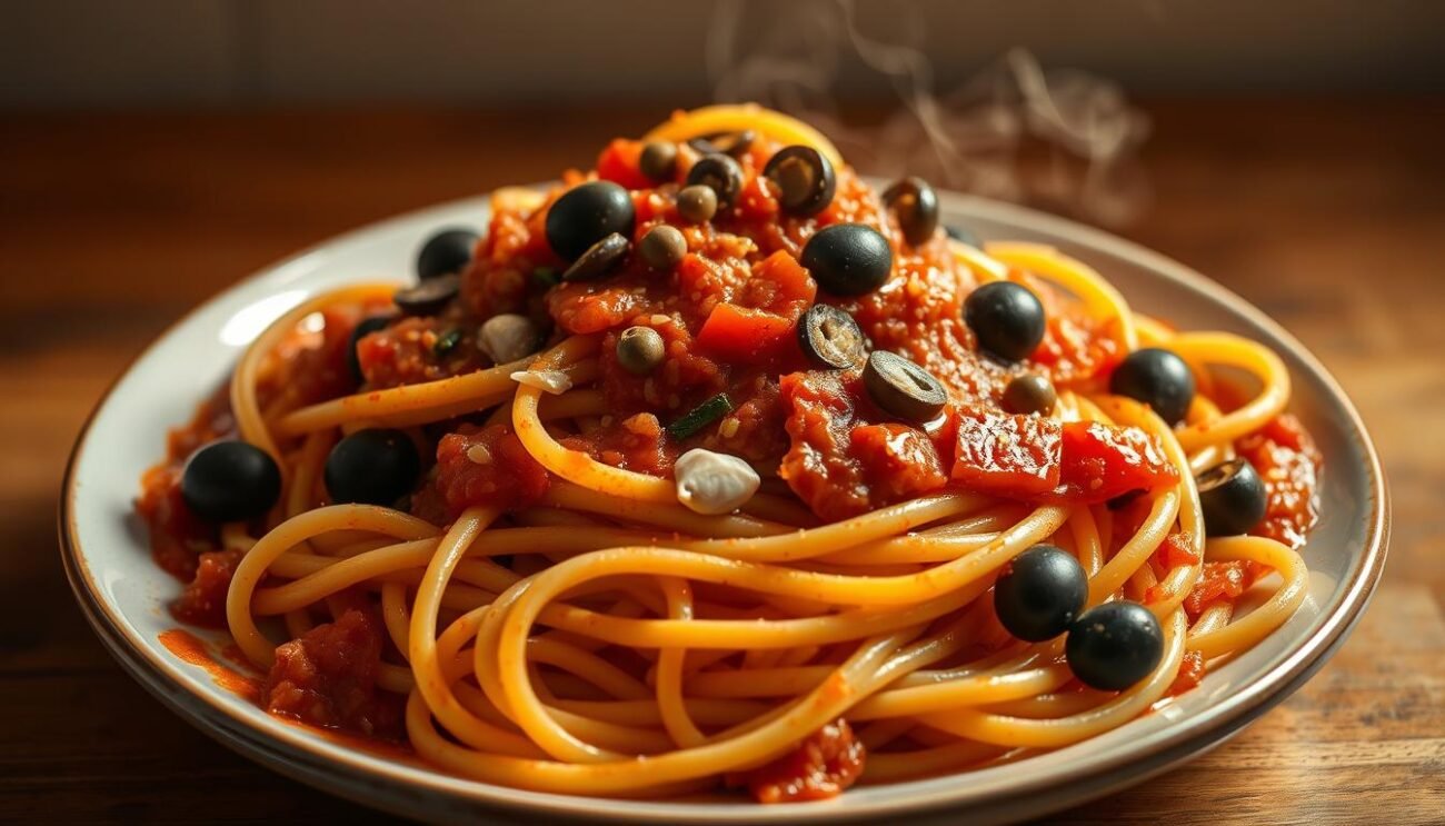 Tempting plate of freshly made pasta puttanesca, steaming hot, with a vibrant tomato-based sauce, generously scattered with briny black olives, salty capers, and aromatic garlic and anchovies. The sauce glistens with a rich, complex flavor, inviting the viewer to take a hearty bite. The pasta is perfectly al dente, swirling around the plate in an appetizing display. The lighting is warm and natural, casting a cozy glow over the scene, set against a simple, uncluttered background that allows the dish to take center stage. The overall presentation is both rustic and refined, capturing the essence of traditional Neapolitan cuisine. Tempting plate of freshly made pasta puttanesca, steaming hot, with a vibrant tomato-based sauce, generously scattered with briny black olives, salty capers, and aromatic garlic and anchovies. The sauce glistens with a rich, complex flavor, inviting the viewer to take a hearty bite. The pasta is perfectly al dente, swirling around the plate in an appetizing display. The lighting is warm and natural, casting a cozy glow over the scene, set against a simple, uncluttered background that allows the dish to take center stage. The overall presentation is both rustic and refined, capturing the essence of traditional Neapolitan cuisine.
